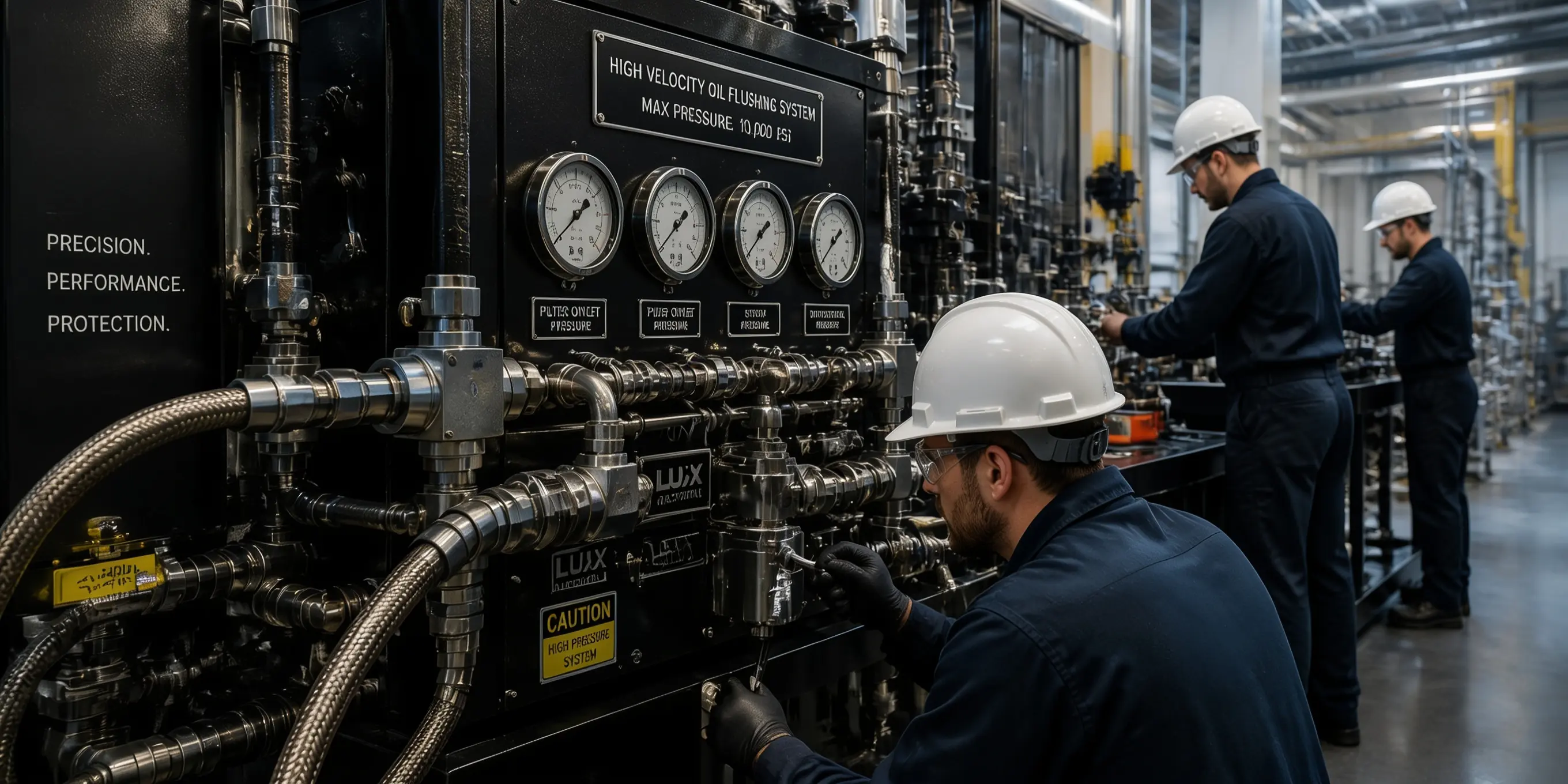 Technicians operating a high-velocity oil flushing system with pressure gauges and stainless-steel piping in an industrial plant