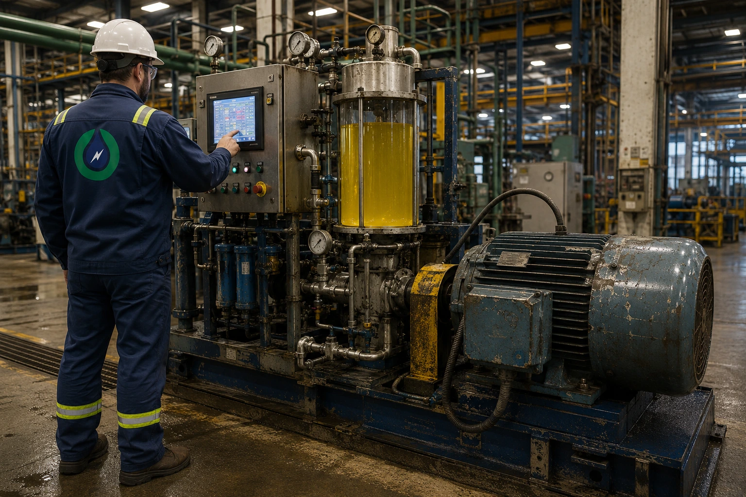 Plant technician operating an industrial oil purification system beside a motor-driven pump unit