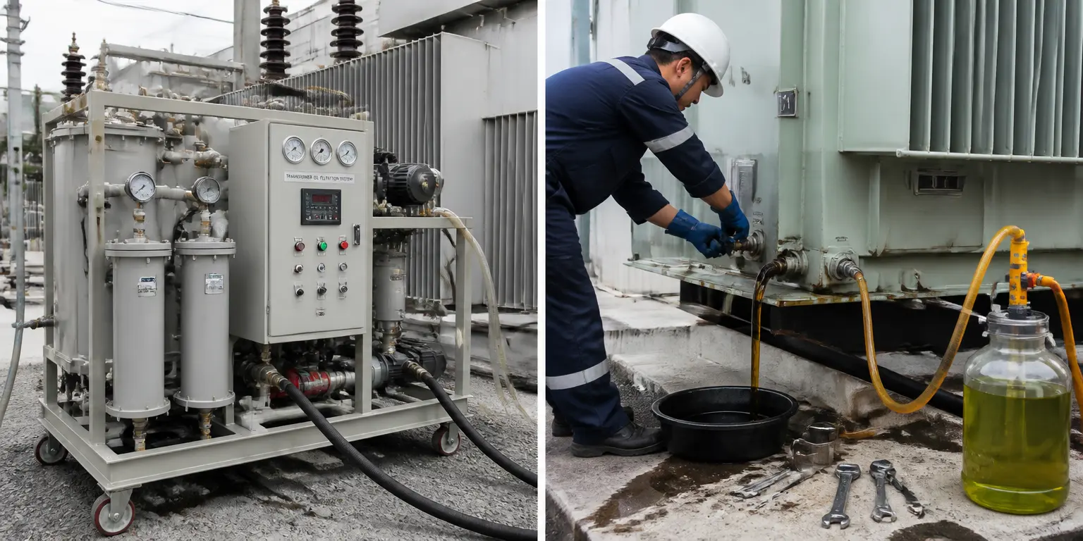 Side by side: a mobile transformer oil filtration system on the left and a technician draining oil from a transformer on the right
