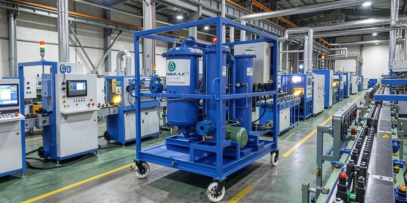 Minimac blue vacuum dehydration oil purification system skid on castors inside a power-plant facility